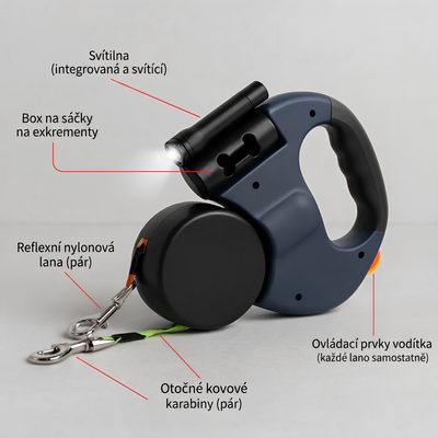 PAWLY : Samonavíjecí dvojité vodítko s 360° rotací a LED světlem